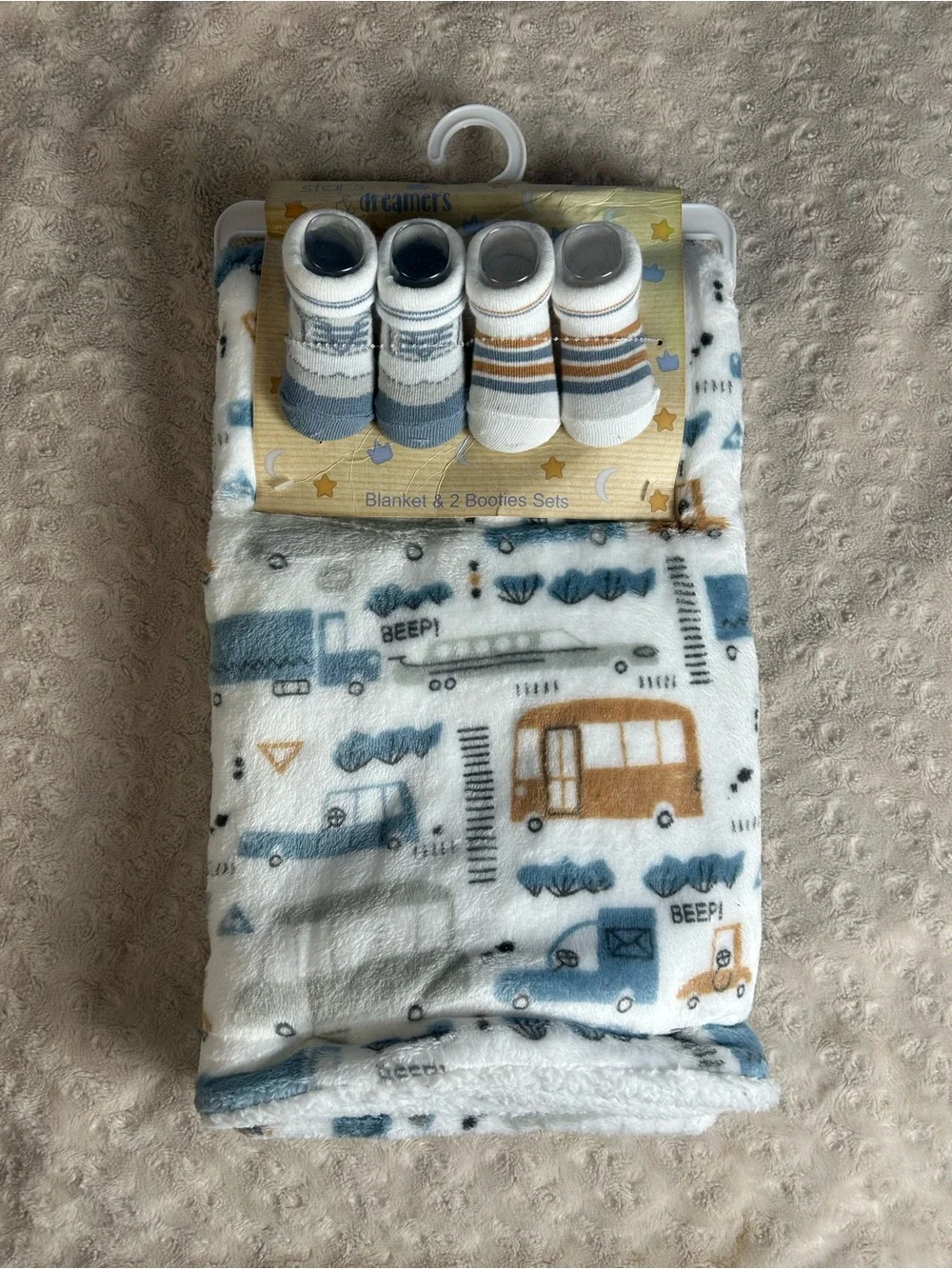 Stars & Dreamers Danbar Car Truck Baby Blanket Bus Beep! Blue White Gray Sherpa